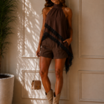 BLUSA FLUIDA CON ENCAJE MARRON