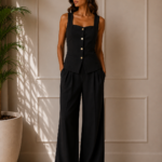 SET CHALECO + PANTALON WIDE LEG NEGRO