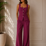 SET CHALECO + PANTALON WIDE LEG VINO