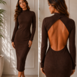 VESTIDO LONG BASIC CON ESPALDA ABIERTA CUELLO ALTO MARRON